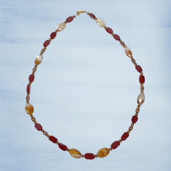 Handmade Red Brown Stone Agate Beaded Necklace Gold Tone Artisan Boho Jewelry - Picture 4 of 9